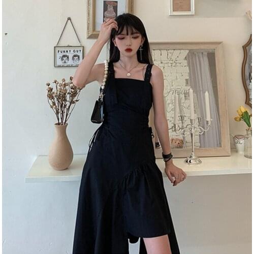 Black Spaghetti Strap Dress goth Women Summer 2021 Elegant Sexy Party Night Irregular Gothic Long Dress Korean Style Clothes New