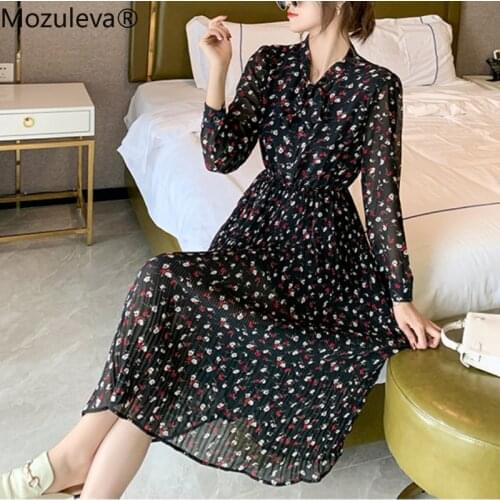 Mozuleva 2021 Stylish Women Spring Autumn Fold Slim Waist Long Sleeve Dress Female Retro Pleated Chiffon Print Dress