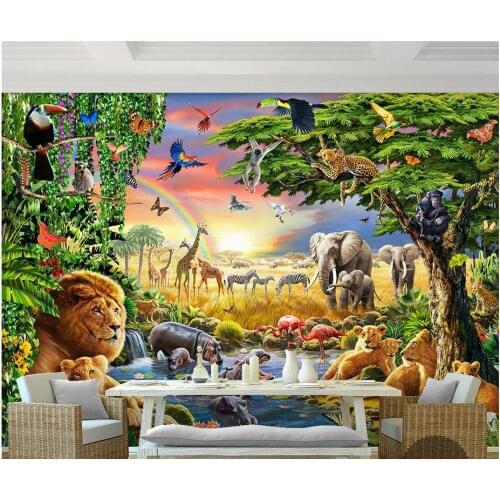 Custom photo wallpaper 3d murals wallpaper Rainbow green woods parrot elephant animal children painting wall papers home decor