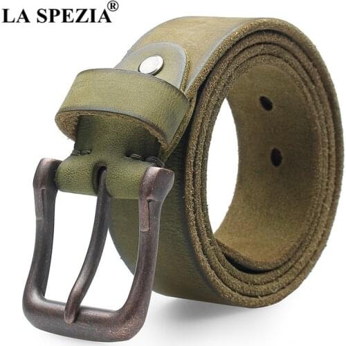 LA SPEZIA Green Genuine Leather Belts for Men Casual High Quality Belt Male Italian Real Leather Cowskin Vintage Men Belt 125cm