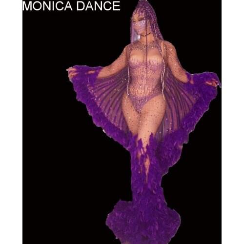 Sexy Stage Purple Rhinestone Feather Transparent Long Dress Women Dancer Show Evening Wing Outfit Birthday Celebrate Prom Dress