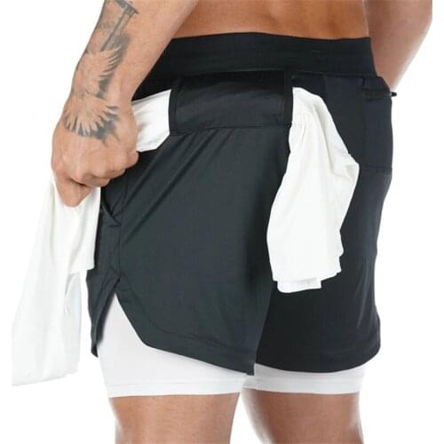 Fitness Sports Mens 2 in 1 Lined Phone Pocket Shorts Mesh Breathable Summer Shorts Hip Zipper Key Pocket （With Towel） Shorts