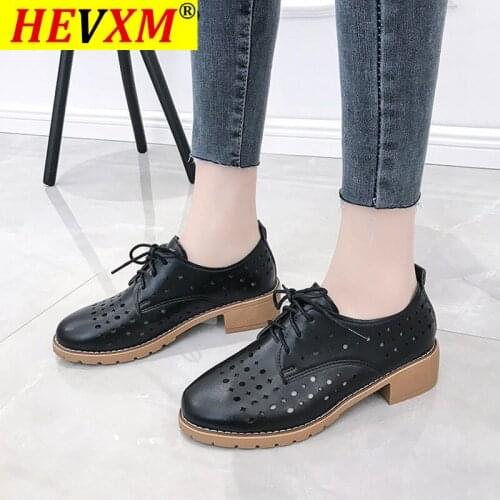 Women Pumps Hollow Out Lace Up Low Heels Shoes Female Casual Solid Breathable Handmade Leather Shoes for Women Spring Ladies