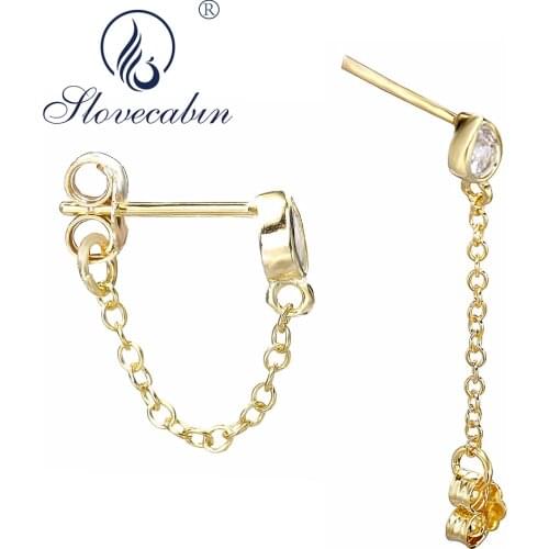 Slovecabin 925 Sterling Silver Gold Zircon Chain Stud Earrings For Women Wedding Fashionable Trendy Brincos Jewelry Accessories