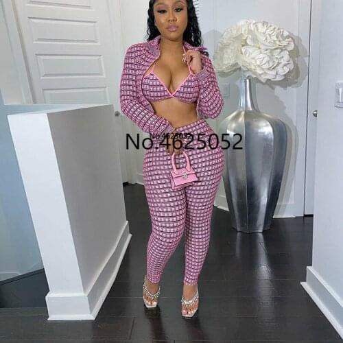 Plaid 3 Piece Sets Women Autumn Zipper Turtleneck Jackets+Sexy Bra+Elastic Pants Matching Sets Female Casual Streetwear