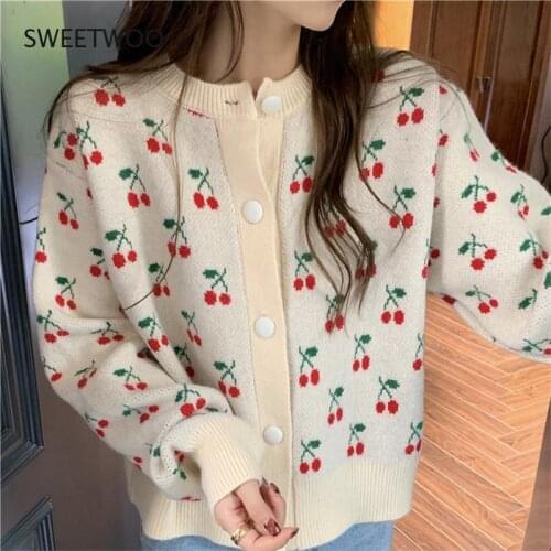 Cherry Jacquard College Style Sweater 2021 New Female Spring and Autumn Loose Korean Long-Sleeved Knitted Cardigan Jacket