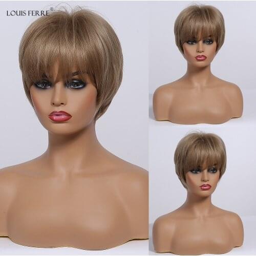 LOUIS FERRE Short Honey Blonde Brown Synthetic Hair Wigs for Black Women Heat Resistant Fiber Wave Layered Wigs with Bangs