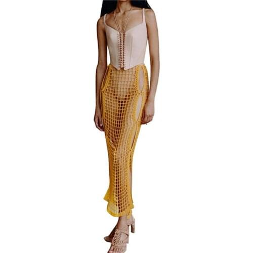 Xingqing Women Sexy Crochet Bikini Beach Cover Up Skirt Hollow Out High Waist See Through Long Maxi Skirt Summer Beachwear