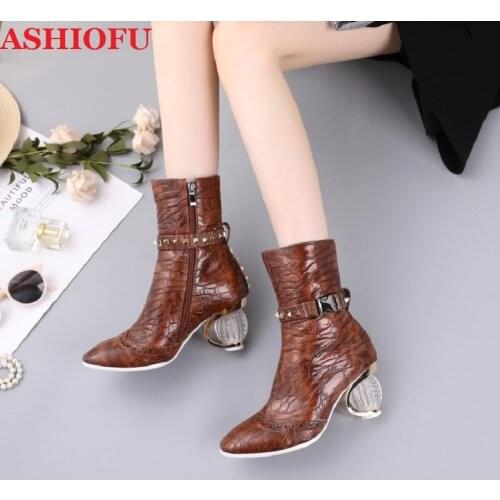 ASHIOFU Spikes Handmade 6cm Mid-Heel Boots European&American Style 2020 New Fashion Matches Crystal Heel Ankle Boots Short Shoes