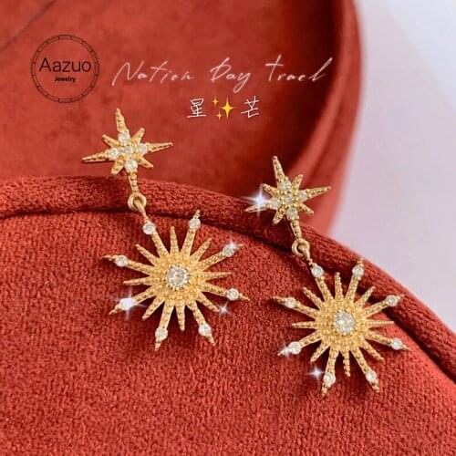 Aazuo INS Real 18K Yellow Gold Real Diamonds Fairy Sun Flower Stud Earrings Gifted For Women Advanced Wedding Party Au750