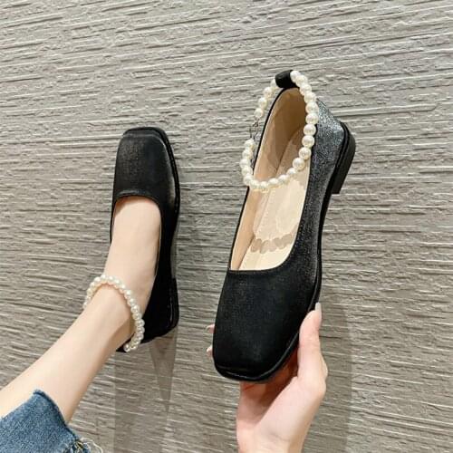 String Bead loafers woman flats sneakers shallow square toe grandma shoes women 2021 pearl belt buckle moccasins plus size 40-43