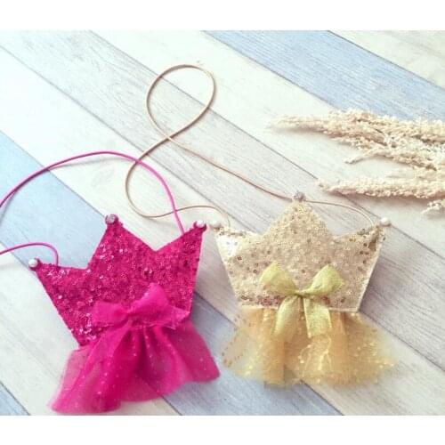 Sequins Crown bow Coin Purse Girls Mini Messenger Bag Handmade Small Plush Shoulder Bag for Baby Gift for