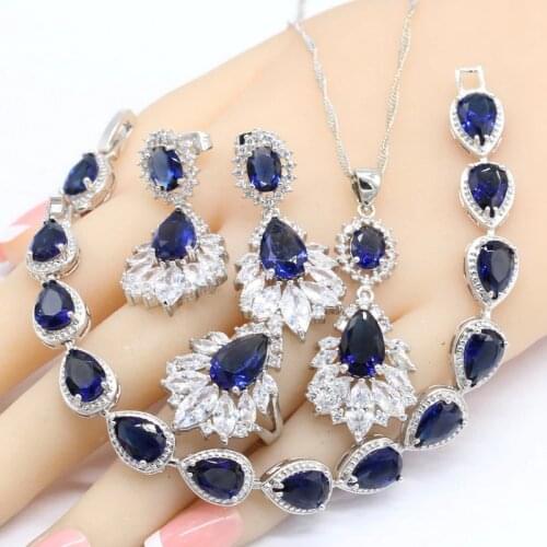 Water Drop Women 925 Silver Jewelry Sets Dark Blue Sapphire Necklace Pendant Bracelets Earrings Rings Gift Box