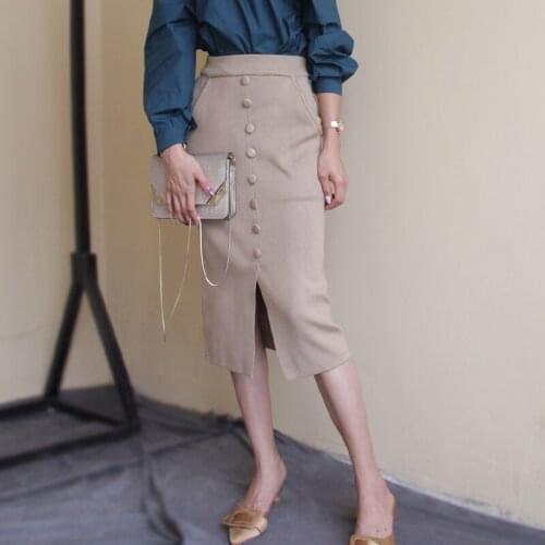 Free Shipping 2020 Fashion Long Knee Length Autumn And Winter High Waist Vintage Stretch Pencil Skirt With Slit Women S-L Button