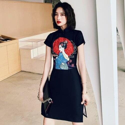 Chinese Style Character Print Qipao Dress Summer Women Mandarin Collar Short Dress Vintage Party Cheongsam Dress Vestidos 30981