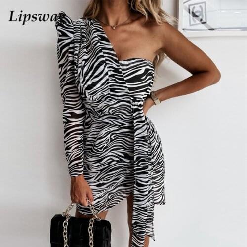 Office Lady Fashion Zebra Leopard Print Dress Sexy One Puff Shoulder Mini Dresses Elegant Women Bandage Belted Club Party Dress