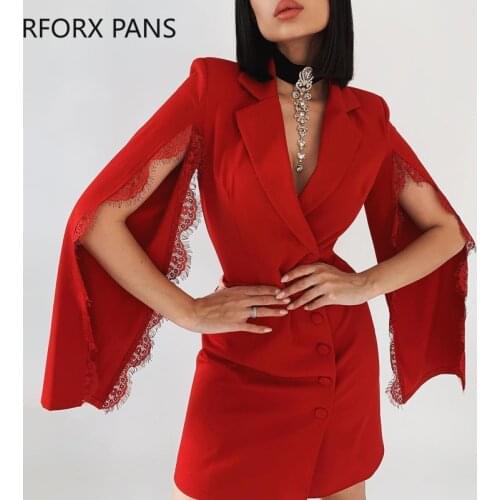 Women Solid Elegant Notched Collar button Lace Herm Sleeves Sexy Bodycon Working Blazer Red Dress