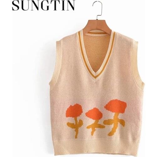 Sungtin Casual Sweet Floral Sweater Vests Women Korean Fashion V Neck Straight Waistcoats Vest Vintage Sleeveless Kintted Vests