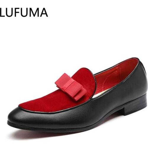 2020 Luxury Bowknot Dress Shoes Male Flats Loafers Black Patent Leather Red Suede Loafers Men Formal Wedding Shoes Large Size 48