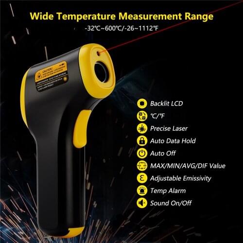 Inkbird -32℃~600℃ Digital Infrared Thermometer w/ LCD Display Alarms Non-Contact Laser Meter Pyrometer IR Laser Point Temp Gun