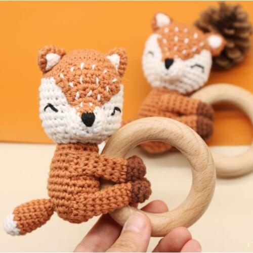 Baby Wooden Teether Ring DIY Crochet Animal Rattle Bracelet Infant Teething Nursing Soother Molar Toys for Newborn