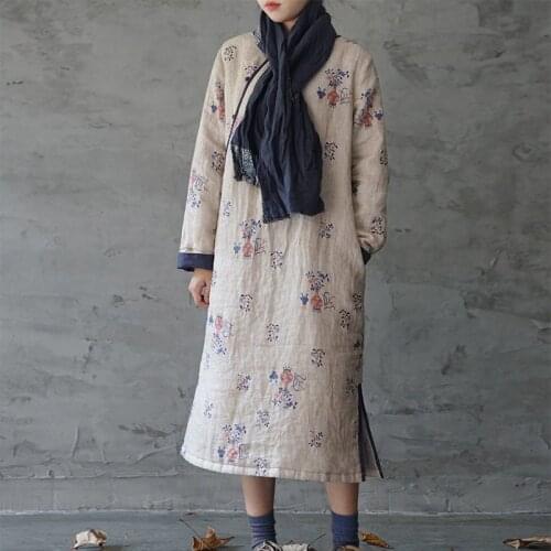SCUWLINEN Retro Long Parka 2020 Winter Vintage Print O-neck Pullover Long Sleeve Thick Warm Long Loose Quilted Linen Dress P335