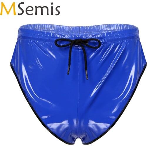 Men Patent Leather Wet Look Drawstring Pants Mid Waist Lace Up Leotard Shorts Pocket Decor Underpants for Lingerie Party Show