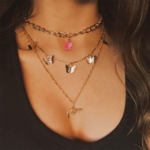 EN Bohemian Multilayer Chain Necklaces For Women Gold Butterfly Pendant Crystal Chokers Necklace Sets Trendy New Jewelry Fashion