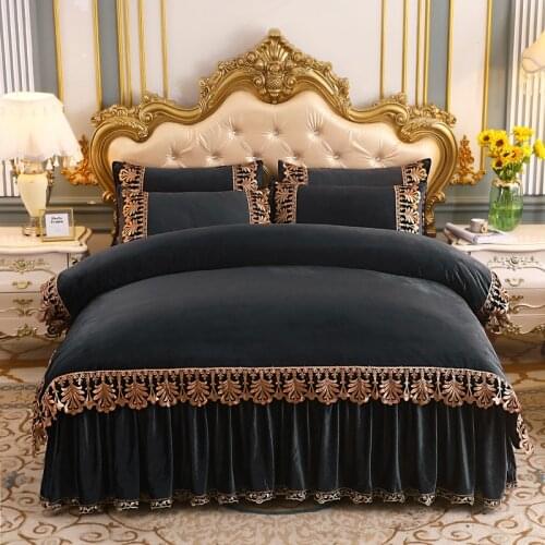 Dark gray soft velvet Bedding set Queen King Size 4Pcs(1 Duvet Cover 1Bed skirt Pillow Shams)