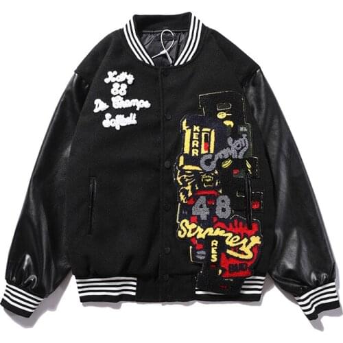SEVEYFAN Leather Patchwork Baseball Jacket Bomber Jacket Embroidery Padded Thick Winter Mens Jackets Baseball Jacket Man