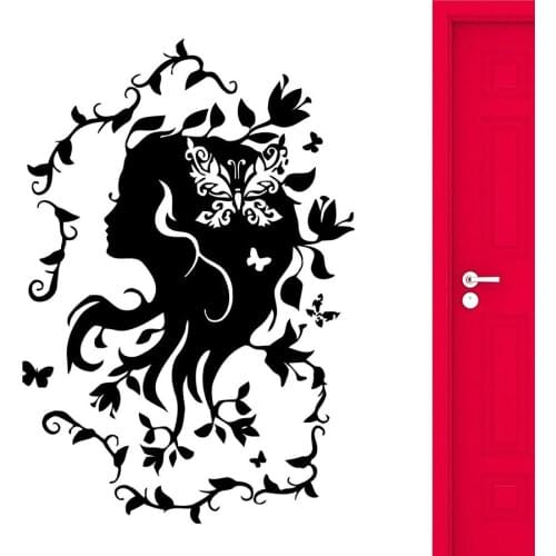 Beautiful Woman Wall Stickers Flowers Butterfly Abstract Girl Bedroom Home Decor Beauty Salon Vinyl Window Flowers Decal S1080