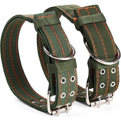 L/XL Strong Canvas Nylon Dog Collar Army Green Double Row Adjustable Buckle Pet Collar for Medium Large Dogs