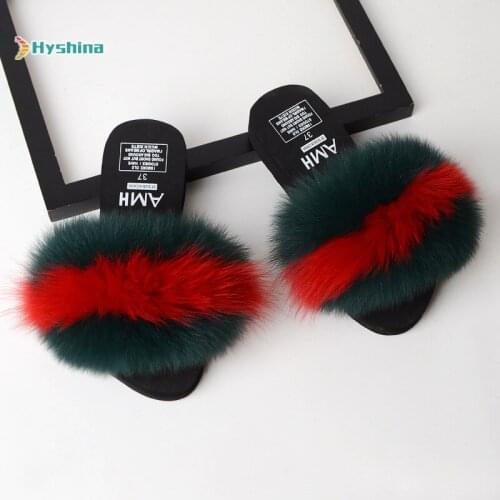 Summer Womens Fur Slippers Real Fox Fur High Heel Slides Home Furry Flat Sandals Female Cute Fluffy House Shoes Flip Flops