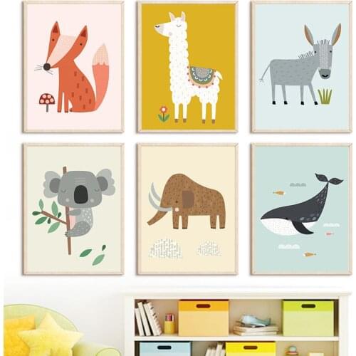 Cartoon Fox Alpaca Donkey Raccoon Whale Wall Art Canvas Painting Nordic Nursery Posters Prints Wall Picture Baby Kids Room Decor