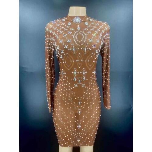 New Silver Rhinestone Pearls Transparent Short Dress Women Dancer Long Sleeve Outfit Birthday Celebrate Prom Dress