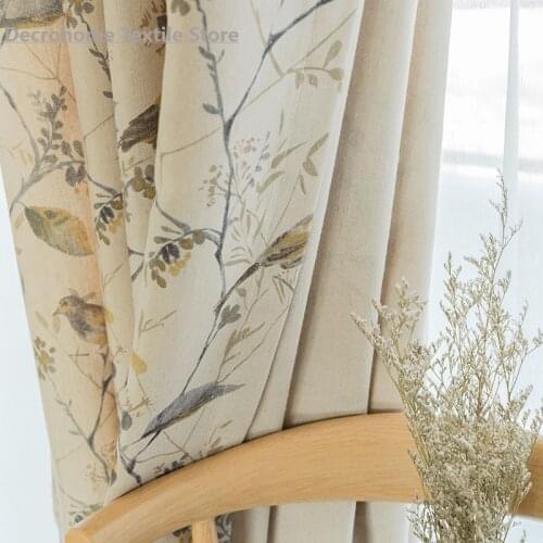 New Chinese Curtains for Living Dining Room Bedroom Cotton and Linen Printed Fabric Curtains Retro Bird Tree Branch Curtains