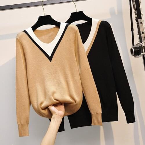 Loose Knitted Sweater Women Jumpers Long Sleeve V-neck Woman Pullovers Sweater 2021 Spring Autumn Color Block Casual Sweater New