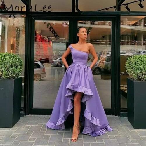 One Shoulder Evening Dresses Hi-Lo Floor Length Asymmetrical Purple Satin Evening Dresses Zipper vestidos de fiesta de noche