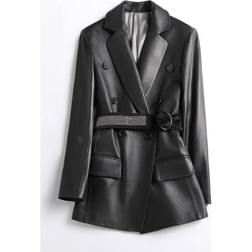 Spring Female Coat Regular Length New Business Suit Style Genuine Leather Jacket With Belt Soft Import Sheepskin Overcoat