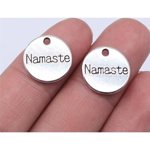 WYSIWYG 10pcs 15x15mm Antique Silver Color Namaste Round Plate Charms Pendant For Jewelry Making DIY Jewelry Findings