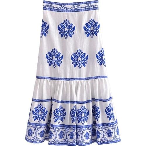 Womens Fashion Blue Embroidered Midi Skirt, Retro Ruffled Midi Skirt, High Waist Side Zipper Womens Skirt, Office Skirt Mujer