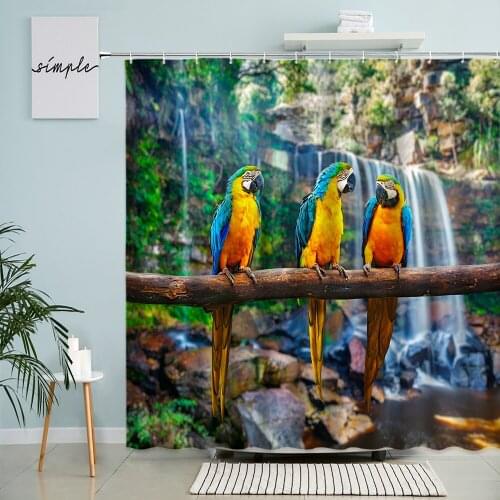 Parrot Animal Shower Curtain Tropical Forest Waterfall Ocean Natural Scenery Home Bathroom Wall Decor With Hook Hanging Screen