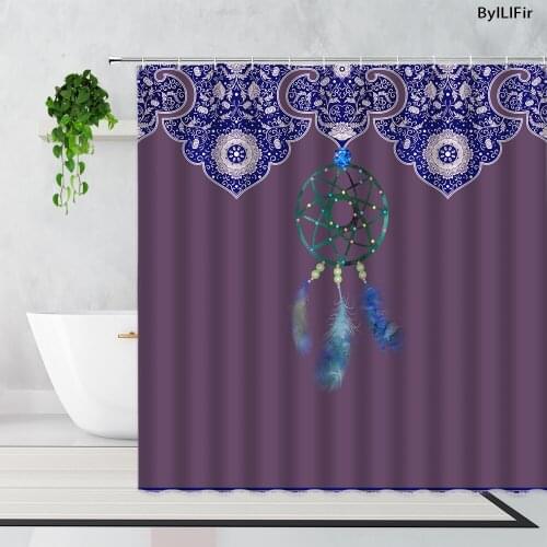 Mandala Flowers Feather Dream Catcher Shower Curtains Black Fabric Ethnic Style Bathroom Decoration Waterproof Bath Curtain Sets