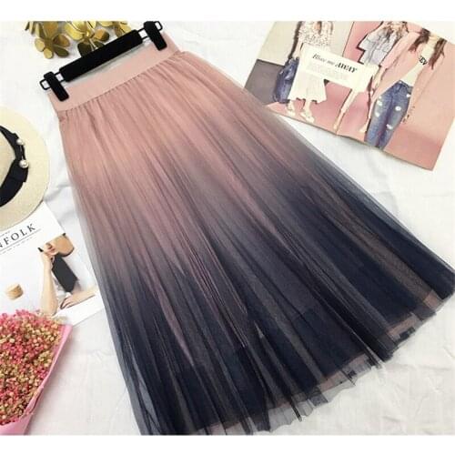 Long Tulle Skirt Women 2019 Spring Summer Gradient Korean Elegant High Waist A-line Pleated School Midi Skirt Female HC018