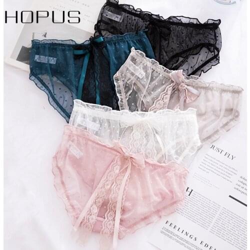 Woman Bow Panties Summer New Briefs Solid Sexy Lace Cute Bow Dots Thin Breathable Girl Underwear Transparent Woman sexy Panties