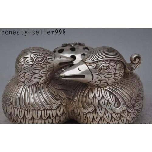Zhmui88002840790+++7"China silver Love Mandarin Duck Bird Lotus Flower statue Incense Burner Censer