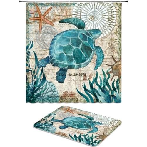 2pcs/set Sea Turtle Octopus Shower Curtains Set Bathroom Waterproof Polyester Cloth + Non-slip Mat Toilet Bathroom Home Decor