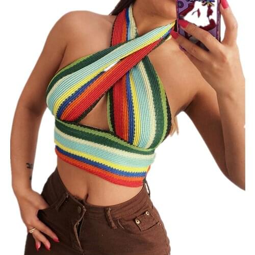 2021 Summer Neck Bandage Crop Top Knitted Women Sexy Color Bar Backless Sleeveless Casual Off Shoulder Party Tank Tops