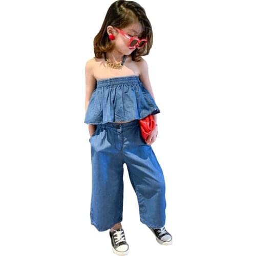Back To School Outfits Age For 2 - 8 Years Baby Girls T-Shirt + Wide-Leg-Pants Kids Denim Blue Casual 2Pcs Sets 2021 New Summe