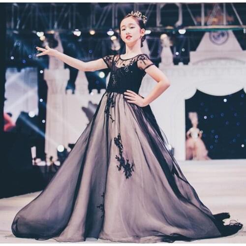 Luxury Children Catwalk Evening Gown Lace Mesh Stitching Blackless Birthday Party Wedding Dress For Girls Vestidos L809